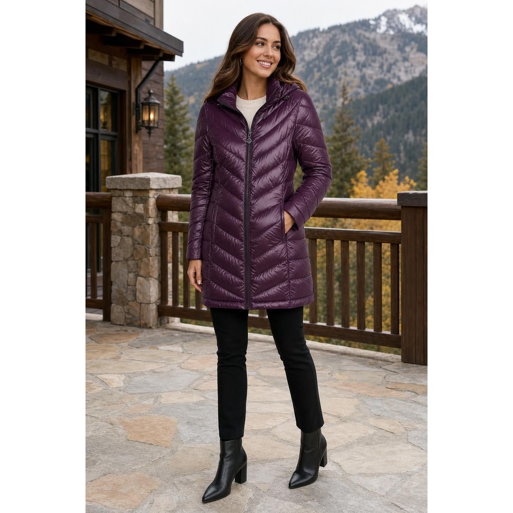 NEW Calvin Klein Down Puffer Coat Women's S Plum Packable Hooded Lightweight